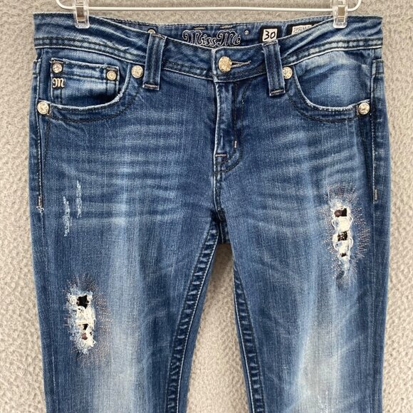 Miss Me Jeans Womens 30 Blue Medium Wash Denim Distressed Rhinestone Boot Cut* - Picture 2 of 14